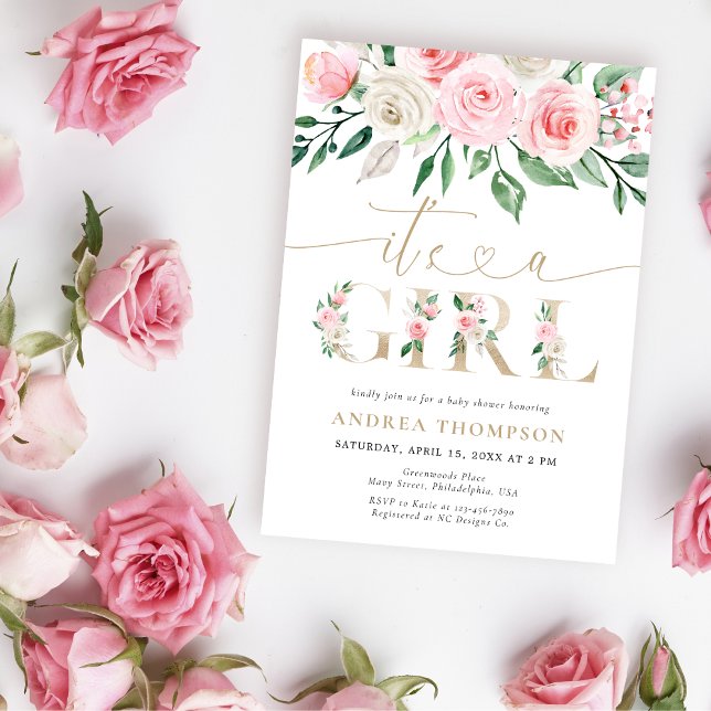 Convite Dourada Floral Rosa Esbranquiçada É Chá de fraldas (Criador carregado)