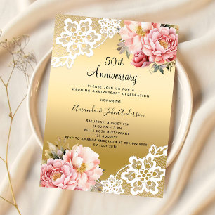 Convite Dourada floral rosa luxuosa 50º aniversário de cas