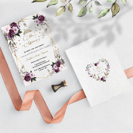 Convite Dourada Floral Rosa Púrpura Mis Quince Quinceañera