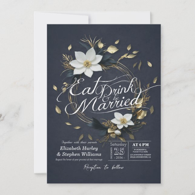 Convite Dourada Floral Wreath EAT Drink e Casamento (Frente)