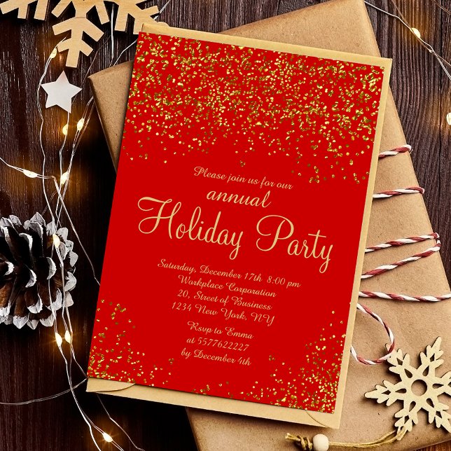 Convite Dourada folha vermelha confete corporativo (Gold glitter foil red confetti corporate Christmas Invitation)