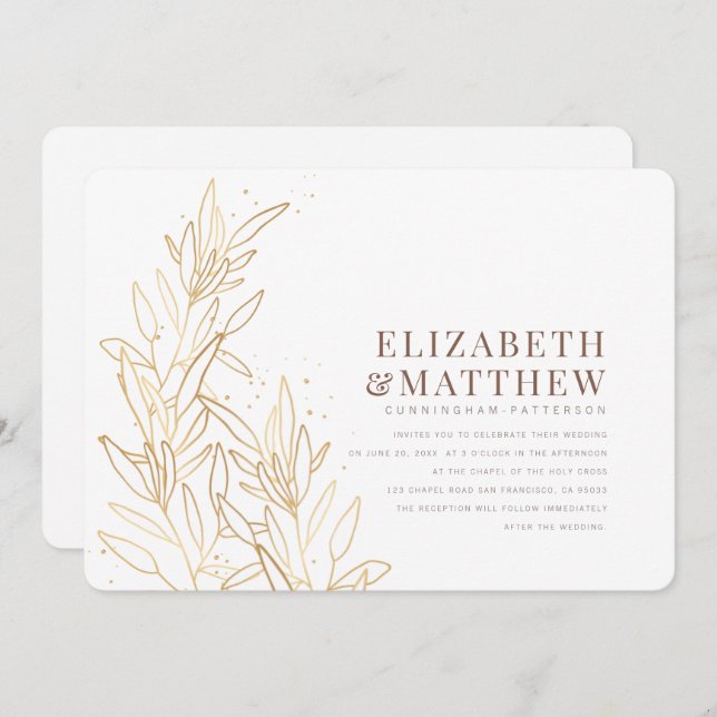 Convite Dourada Folhagem Moderna + Casamento Minimalista (Frente/Verso)