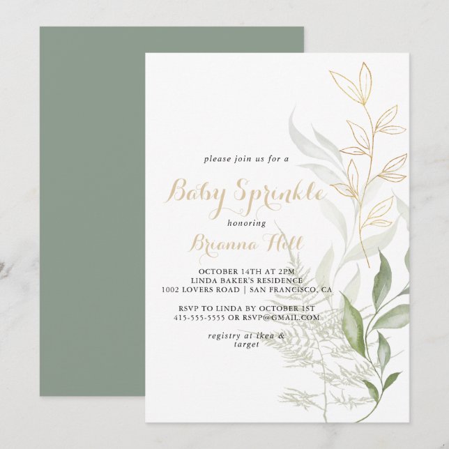 Convite Dourada Folhagem Verde Caligrafia Bebê Sprinkle (Frente/Verso)
