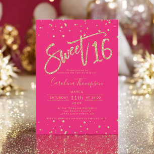 Convite Dourada foto de confetti neon rosa Sweet 16