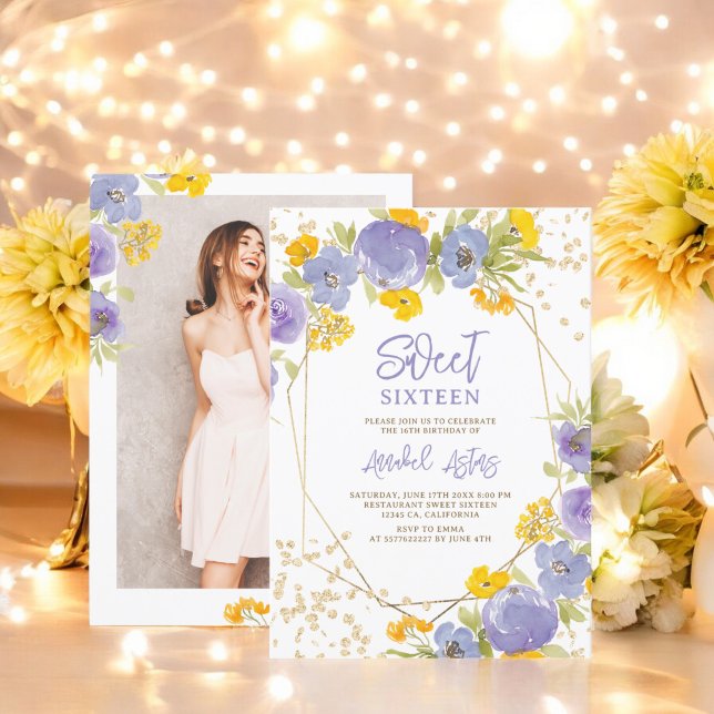 Convite Dourada foto floral amarela púrpura brilhante Doce (Gold glitter purple yellow floral photo Sweet 16 Invitation)
