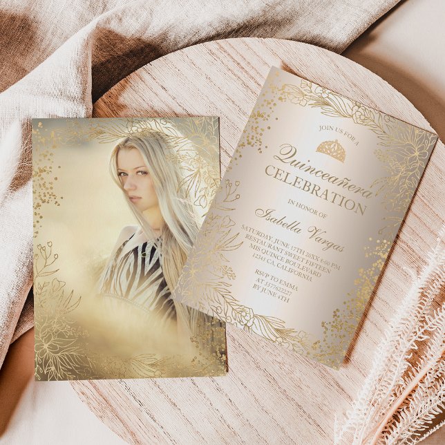 Convite Dourada fotografia metálica floral Tiara Chic Quin (Criador carregado)