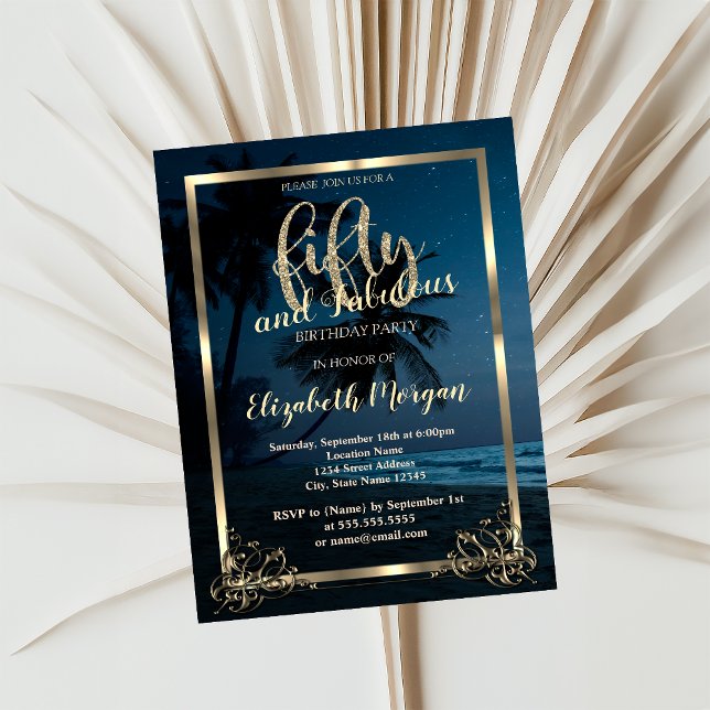 Convite Dourada Frame Beach Sunset 50th Festa de aniversár (Criador carregado)