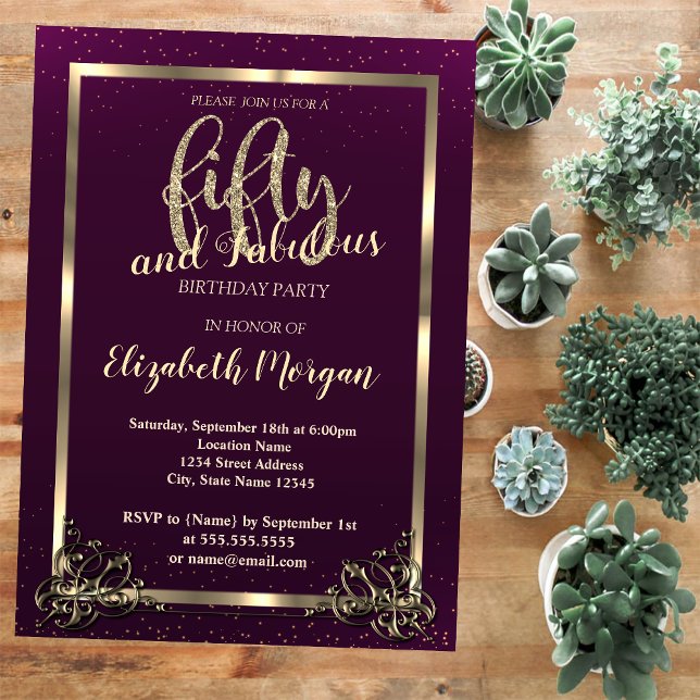 Convite Dourada Frame Confetti Violet 50ª Festa de anivers (Criador carregado)