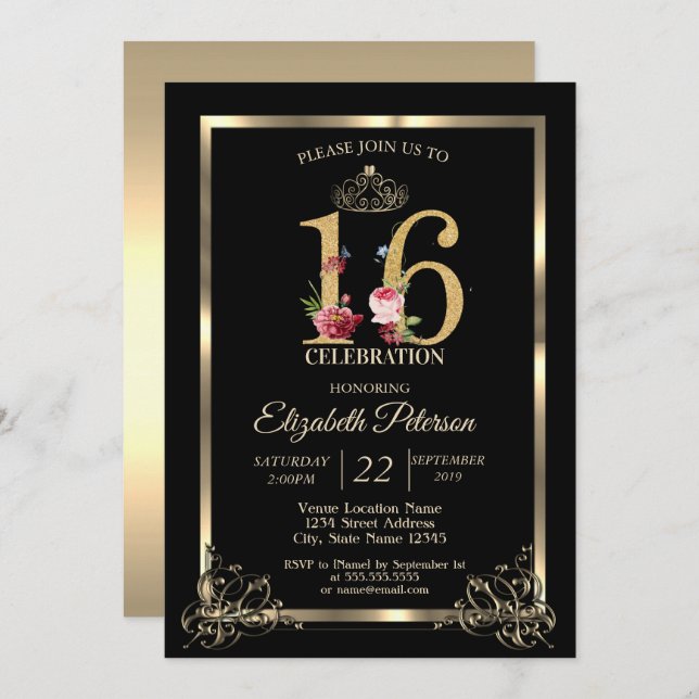 Convite Dourada Fronteira Coroa Floral Doce 16 (Frente/Verso)