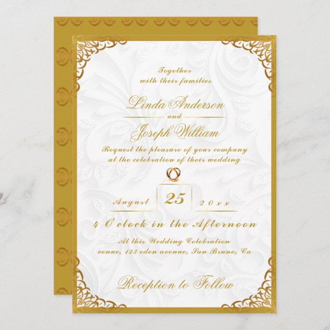 Convite Dourada Fronteira de Luxo e Casamento de Flores Nó (Frente/Verso)