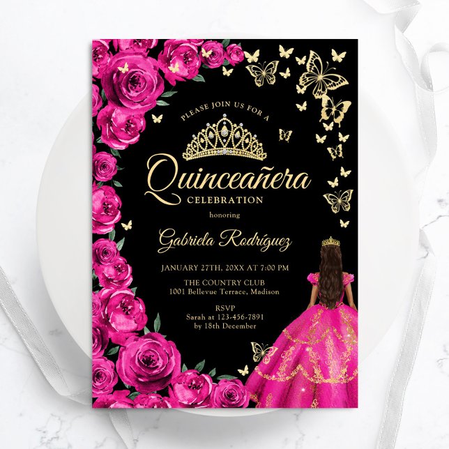 Convite Dourada Fuchsia Rosas Rosa Borboletas Quinceanera (Criador carregado)