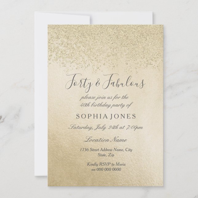 Convite Dourada Glitter 40 e fabulosa aniversário de 40 an (Frente)
