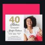 Convite Dourada Glitter 40 Fabuloso Aniversário Diva Foto<br><div class="desc">Na moda, elegante convite a aniversário de 40 anos, apresenta as palavras "40 e Fabuloso" em cintilação dourada e caligrafia negra e tipografia moderna. Basta adicionar seus próprios detalhes pessoais e sua foto favorita. A parte traseira da placa está em uma cor rosa clara diva (você pode alterar a cor...</div>