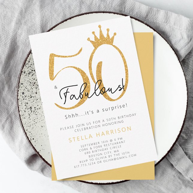 Convite Dourada Glitter 50th e Festa de aniversário fabulo (Gold Glitter 50th and Fabulous Birthday Party Invitation)