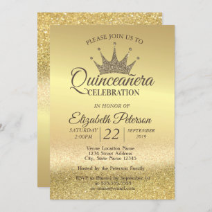 Convite Dourada Glitter Bokeh Ombre, Tiara, Quinceañera Pa