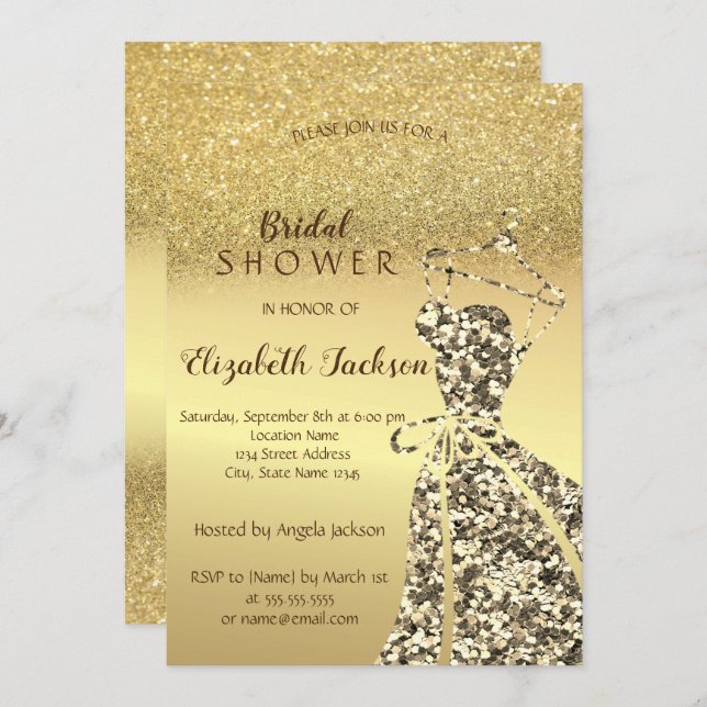 Convite Dourada Glitter Bokeh, Sequins Dress Chá de panela (Frente/Verso)
