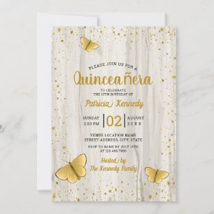 Convite Dourada Glitter Butterfly Madeira Russa Quinceaner