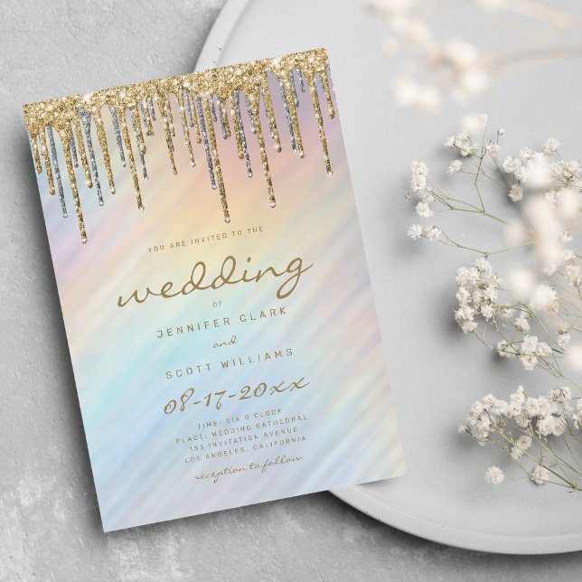 Convite Dourada Glitter Coloca Arco-Íris Holográfico (Gold Glitter Drips Rainbow Holographic Wedding Invitation )