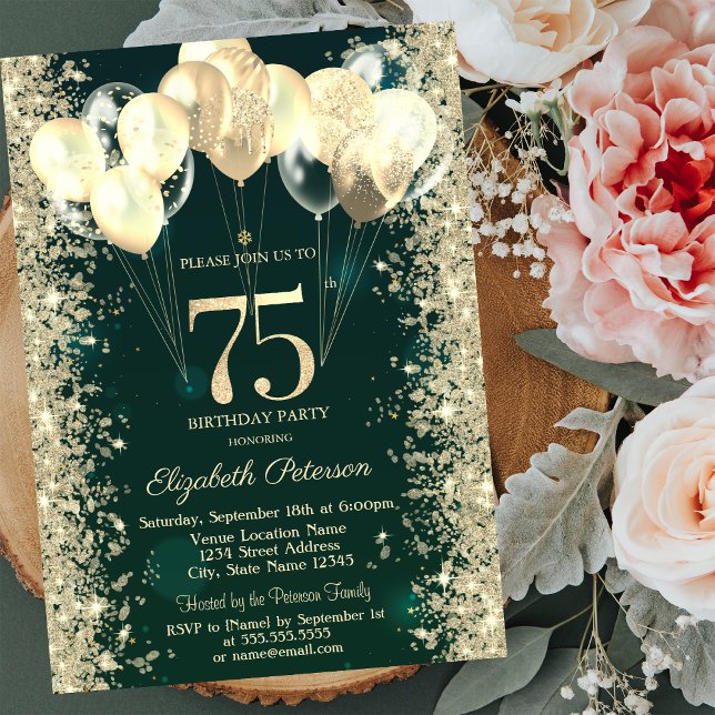 Convite Dourada Glitter Confetti Balões Verdes 75º Anivers (Criador carregado)