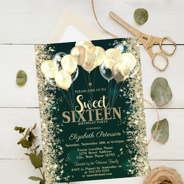 Convite Dourada Glitter Confetti Balões Verdes Sweet 16 (Criador carregado)