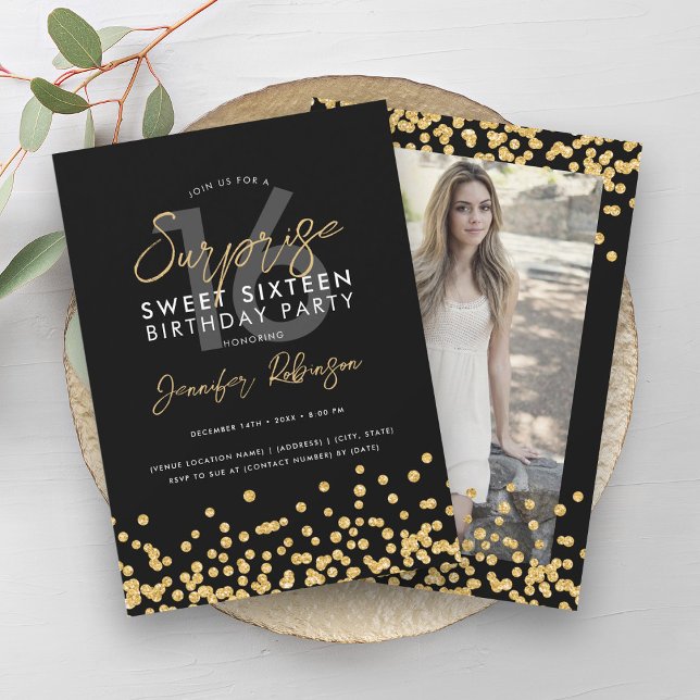 Convite Dourada Glitter Confetti Foto Surpresa Sweet 16 (Gold Glitter Confetti Photo Surprise Sweet 16 Invitation)
