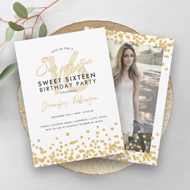 Convite Dourada Glitter Confetti Foto Surpresa Sweet 16 (Gold Glitter Confetti Photo Surprise Sweet 16 Invitation)
