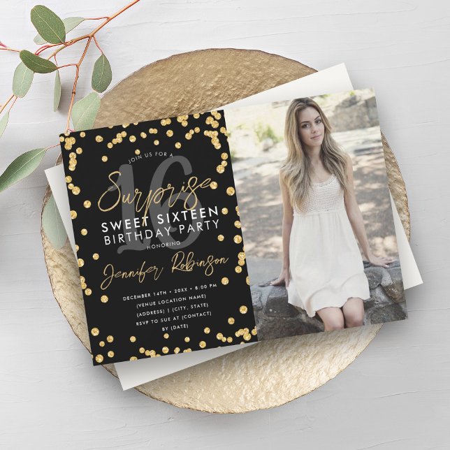 Convite Dourada Glitter Confetti Foto Surpresa Sweet 16 (Gold Glitter Confetti Photo Surprise Sweet 16 Invitation)