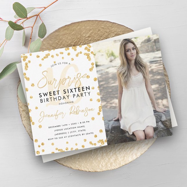 Convite Dourada Glitter Confetti Foto Surpresa Sweet 16 (Gold Glitter Confetti Photo Surprise Sweet 16 Invitation)