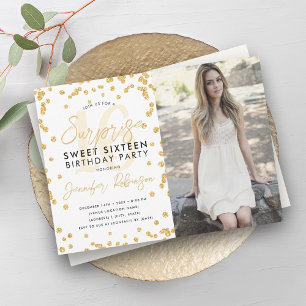 Convite Dourada Glitter Confetti Foto Surpresa Sweet 16