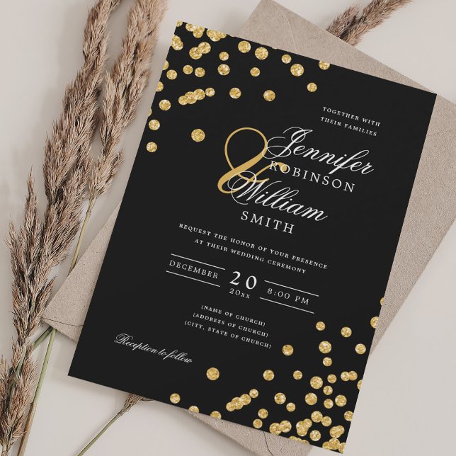 Convite Dourada Glitter Confetti Negro Elegante (Elegant Script Wedding Gold Glitter Confetti Black Invitation)