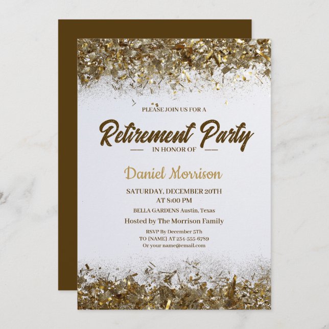 Convite Dourada Glitter Confetti Retirement Party 2024 (Frente/Verso)