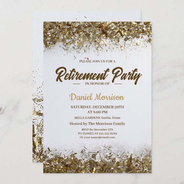 Convite Dourada Glitter Confetti Retirement Party 2024 (Frente/Verso)