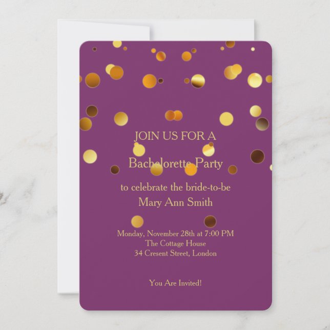 Convite Dourada Glitter Confetti Sparkles Purple Bachelore (Frente)