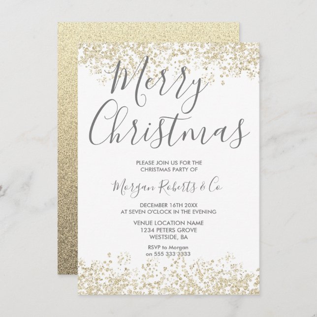 Convite Dourada Glitter Corporate ou Festa de Natal da Fam (Frente/Verso)