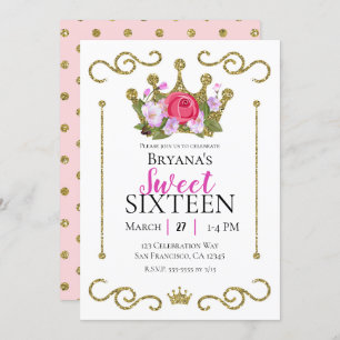 Convite Dourada Glitter Crown Floral Dots Doce 16 Partido