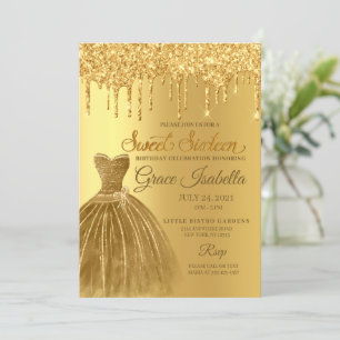 Convite Dourada Glitter Doce Dezesseis Aniversário