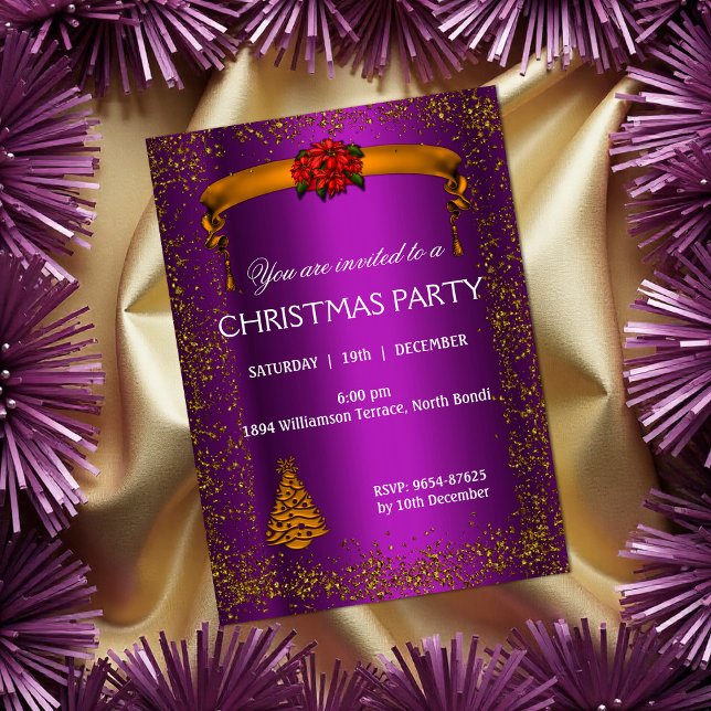 Convite Dourada Glitter e Púrpura Natal (Gold Glitter and Purple Christmas Party Invitation by the Olde Christmas Shoppe)