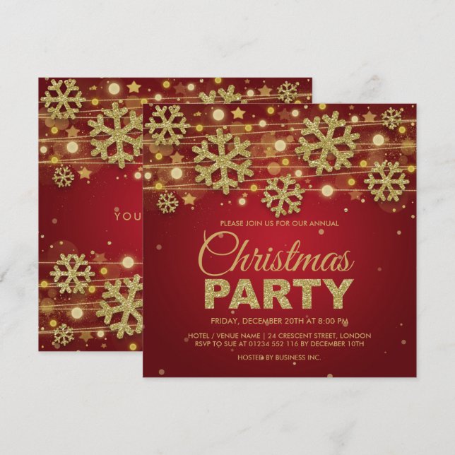 Convite Dourada Glitter e Red Corporate Christmas Party (Frente/Verso)
