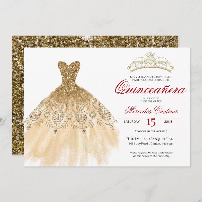 Convite Dourada Glitter e Vermelha Simples Quinceañera (Frente/Verso)