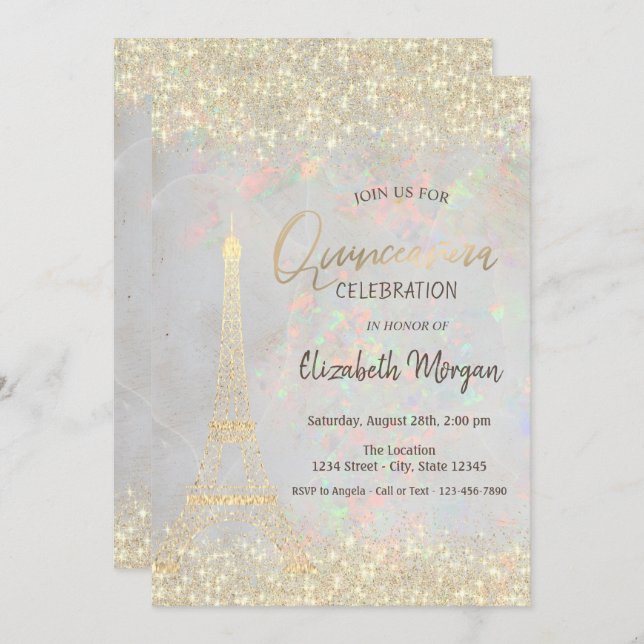 Convite Dourada Glitter Eiffel Confetti Opal Quinceañera (Frente/Verso)