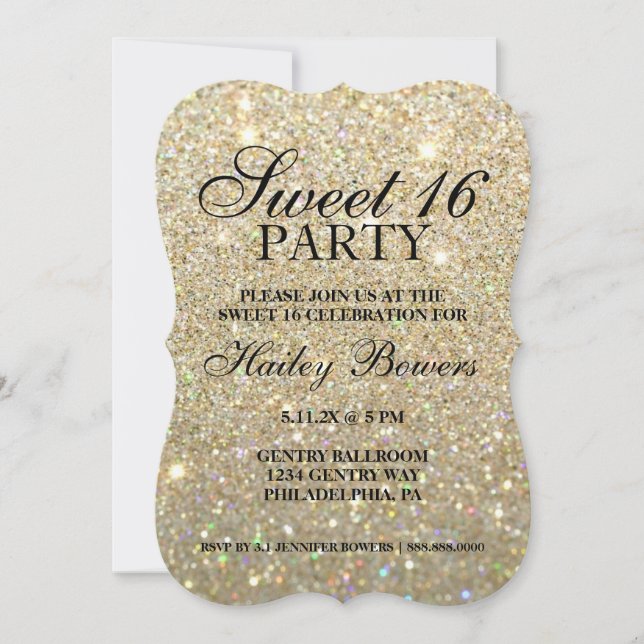 Convite - Dourada Glitter Fab Sweet 16  (Frente)
