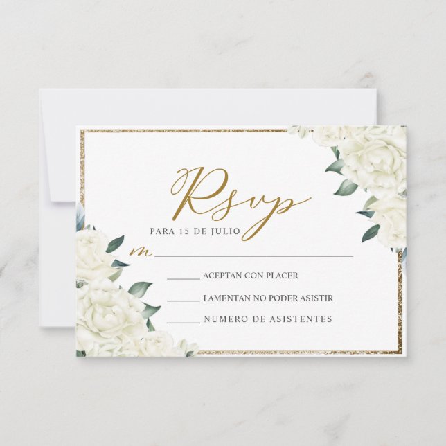 Convite Dourada Glitter Floral Nuestra Boda Wedding RSVP (Frente)