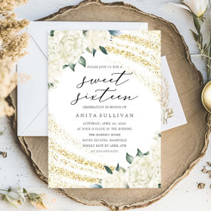 Convite Dourada Glitter Floral Sweet Sessenta E Dezesseis 