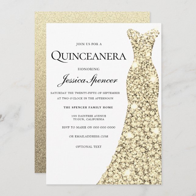 Convite Dourada Glitter Glitter Quinceanera Convide (Frente/Verso)
