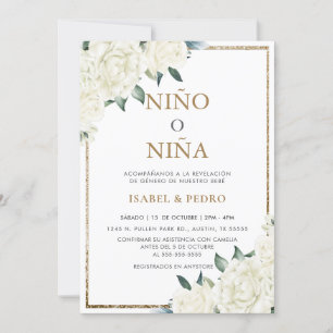 Convite Dourada Glitter Ivory Floral Revolução de Gênero E