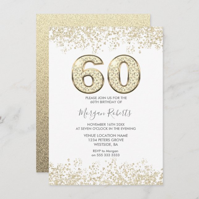 Convite Dourada Glitter Mens ou Mulheres 60ª Festa de aniv (Frente/Verso)