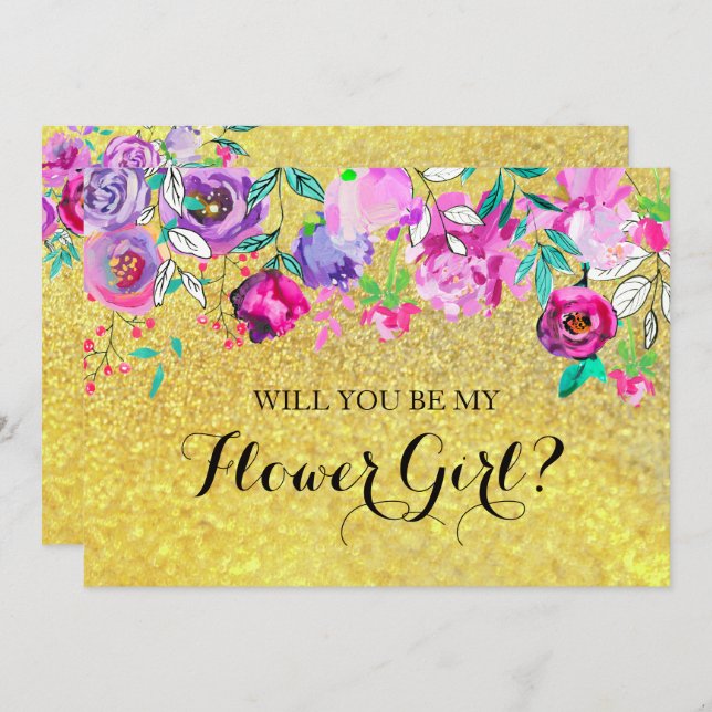 Convite Dourada Glitter Mint Flores Roxas Flower Girl Card (Frente/Verso)