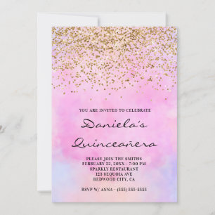 Convite Dourada Glitter Pastel Pink Watercolor Quinceañer