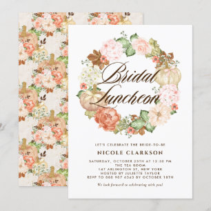 Convite Dourada Glitter Pumpkin Floral Wreath Bridal