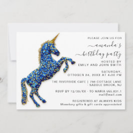 Convite Dourada Glitter Real Unicorn Blue Horse Princess